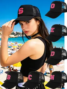 Black Mesh Trucker Cap  Rose Pink Chenille Letter Patch，Beach Sun Protection , Daily Wear Accent Cap, Adjustable Hat, Outdoor Sports, Breathable Versatile Unisex Summer Cap