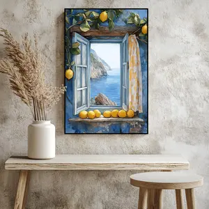 Coastal Window View Canvas Print Lemon Still Life Art Mediterranean Interior Blue Window Wall Art Natural Scenery Poster for Kitchen Dining Room Coastal Home Offices Living Room