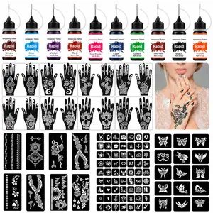 Temporary Tattoo Kit, 10 Bottles Colors Temporary Tattoo Ink, 8 Gloves Stencils, 86 Fun Stencils (Different Sizes) - For Kids, Adults or Beginners: Body or Hand Painting, Art Doing, Party Fun etc