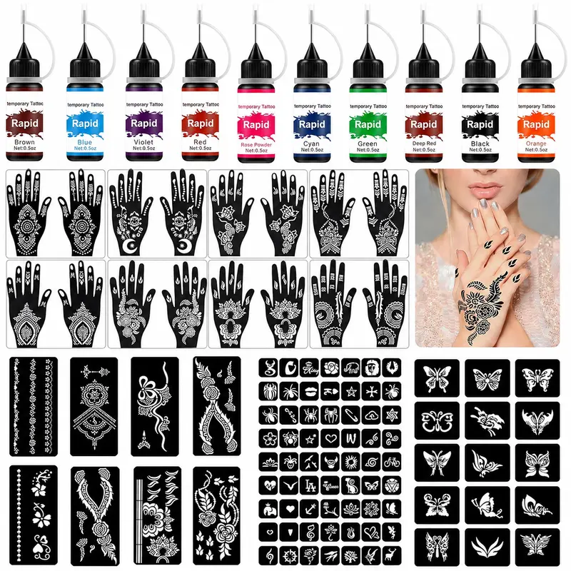 Temporary Tattoo Kit, 10 Bottles Colors Temporary Tattoo Ink, 8 Gloves Stencils, 86 Fun Stencils (Different Sizes) - For Kids, Adults or Beginners: Body or Hand Painting, Art Doing, Party Fun etc
