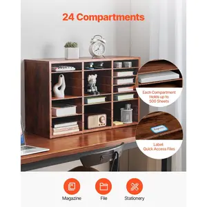 fathersdaygift VEVOR Literature Organizer, 24 Compartments Office Mailbox with Removable Shelves, Wooden Mailbox Sorter Particle Board Office Home Classroom Storage, File Sorter for Documents, Papers, Dark Brown