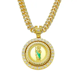 New Style Personality Hip-Hop Style Religious Rotating Saint Jude Statue Pendant Creative Saint Jude Necklace Cuban Link Chain Gold Plated Amulet