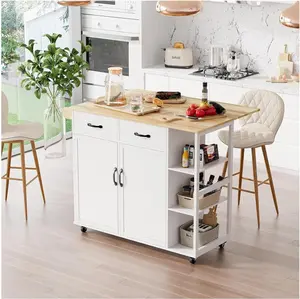 Rolling Kitchen Island Cart with Drop Leaf, Kitchen Storage Cabinet On Wheels with 2 Drawers, 3 Open Spice Racks and Towel Rack,White