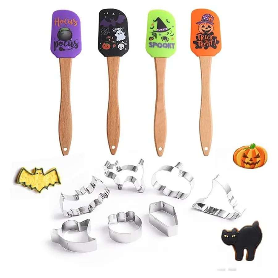 Bakeware Halloween Baking Tools Set - 4-Piece Silicone Spatulas, 7-Piece Cookie Cutters, Heat Resistant Bakeware