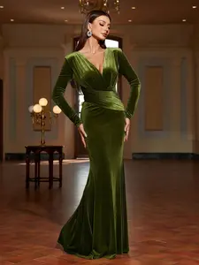 Elegant Long Sleeve V Neck Velvet Dress, Women's Formal Evening Gown, Stylish Chic Party Wear, Luxurious Fabric, Perfect for Special Occasions, Womenswear