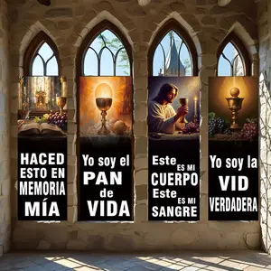 4 Pcs Religious Banners, Polyester Material Christian Eucharist Theme Vertical Banner With Jesus Holy Grail Scripture Pattern Suitable for Church Mass Prayer Scene Home Living Room Prayer Corner Wall Decoration Hanging Flag