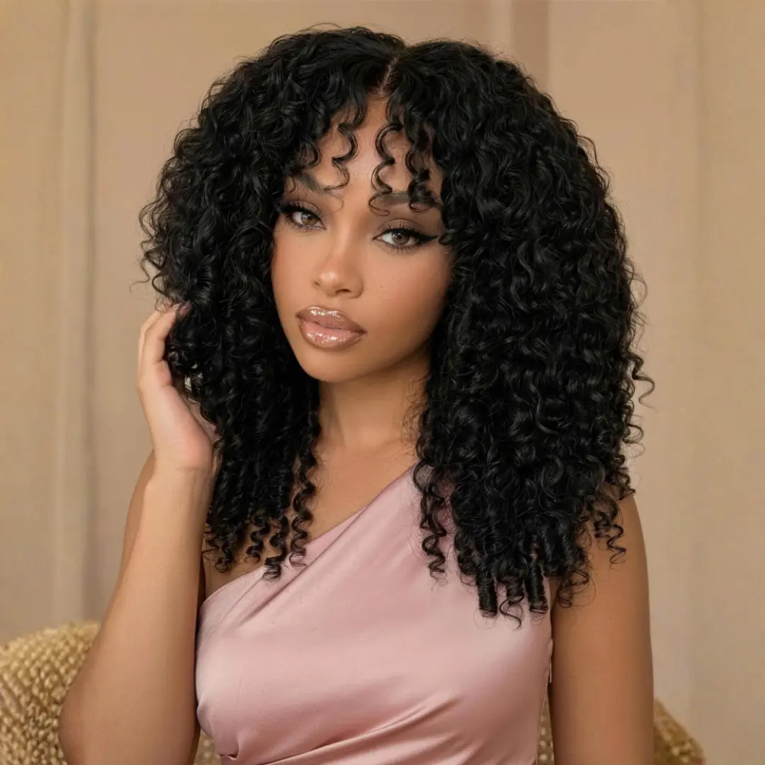 Nadula Burmese Curly Finger Coils Ends Wig with Bangs Thick Curls Glueless 7×5 Lace Closure Human Hair Wig SummerTurnUp