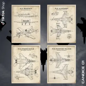 US Military Fighter Jets Blueprint Poster, F18, F16, F15, and A10 Warthog Blueprint Wall Art, Military Aviation Vintage Decor
