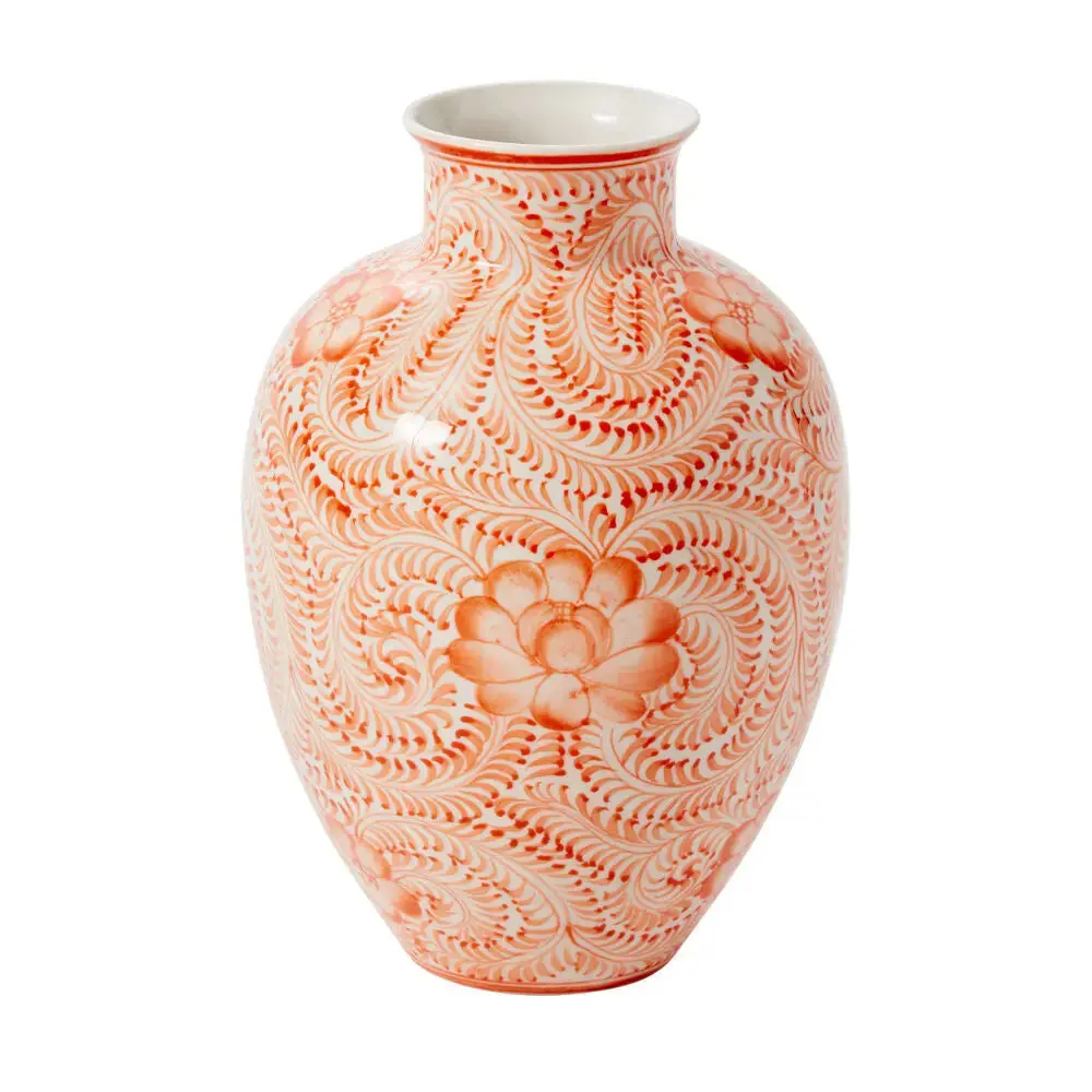 Eleanor Coral Orange & White Hand-Painted Chinoiserie Ceramic Decorative Vase, Traditional Vintage Bulbous Home Decor for Indoor Display of Coral Floral Flowers, Complementary to Cocktail Tables, Artistic Design Vases