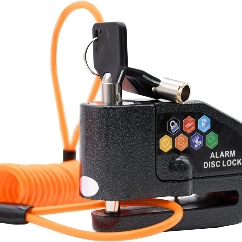 Motorcycle Anti-Theft Alarm Disc Lock Set (1pc Black) - Sturdy, 110 dB Auto Shock Vibration Alert, 7mm Pin, 5ft Reminder Cable, Weather-Resistant, 1pcs Allen Wrench, 1pcs Storage Bag, 2pcs Security Keys, Backup Batteries, Works on Bikes & Scooters