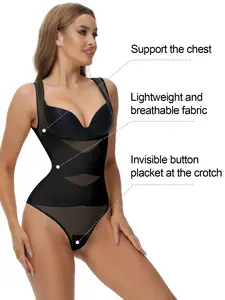 Women's One-Piece Shapewear Bodysuit, Elastic Waist Control, Comfortable and Stylish, Strong Abdominal Compression, S-Xxxl, Button, Fabric, Mesh