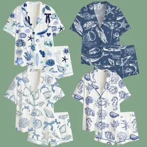Women’s Coquette Seashell Coastal Summer Vibes Turtle Whale Orca Crab Seahorse Shark Dolphin Shell Sea World Short Sleeve Satin Pajama Set for Adult & Youth Short-Sleeve Top, Blue Ocean Short-Sleeve Pajamas (no pocket)
