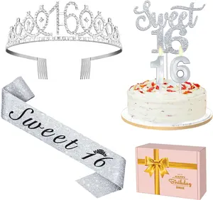 Silver Sweet 16 Birthday Decorations for Girls, Including 16th Birthday Sash and Tiara, Sweet 16 Cake Topper and Number 16 Candles, Happy 16th Birthday Gifts for Sweet 16 Birthday Party
