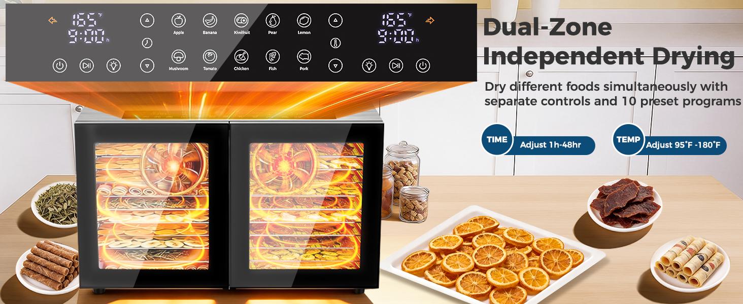 OSTBA Dual Zone Stainless Steel Dehydrator, 20 Stainless Steel Trays, 1300W Dual Layer, 180℉ Adjustable Temp, 48H Digital Timer, 10 Auto Presets, 10 Mesh Sheets, 1300W, for Jerky, Fruit, Home Use, Digital Control, Meal Prep & Batch Cooking