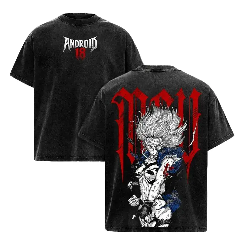 Men's Android 18 DBZ Blonde Cyborg Vintage Washed Apparel, Short-Sleeve Breathable Graphic Tee, Retro Power Fighter Streetwear Oversized Print Fit T-Shirt, Shortsleeve, Tshirt, Clothes, Cotton, Seamless, Top, Round Neck