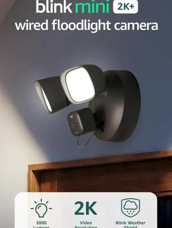 Blink Mini 2K+ Wired Floodlight Camera (newest model) — Wired smart security, 3000 lumens, 2K video, motion-triggered – 1 camera (Black), 1 mount (Black)