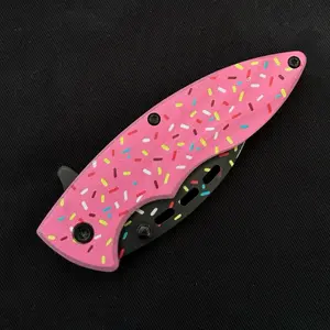 Pink Pocket Knife Donut Sprinkle Pattern 6” Overall 2” Hawkbill Blade Belt Clip Emergency Cutting Tool