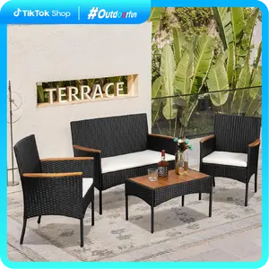 Walsunny 4-Piece Patio Furniture Set, Outdoor Wicker Patio Set with Cushions and Wooden Table for Lawn Backyard, White Rustic Dining Compact