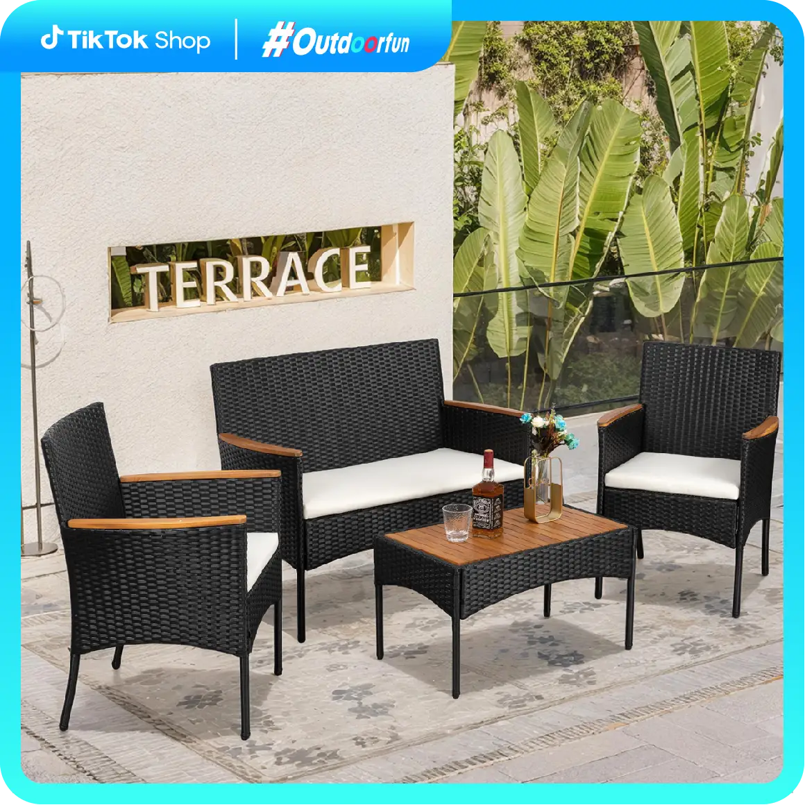 Walsunny 4-Piece Patio Furniture Set, Outdoor Wicker Patio Set with Cushions and Wooden Table for Lawn Backyard, White Rustic Dining Compact