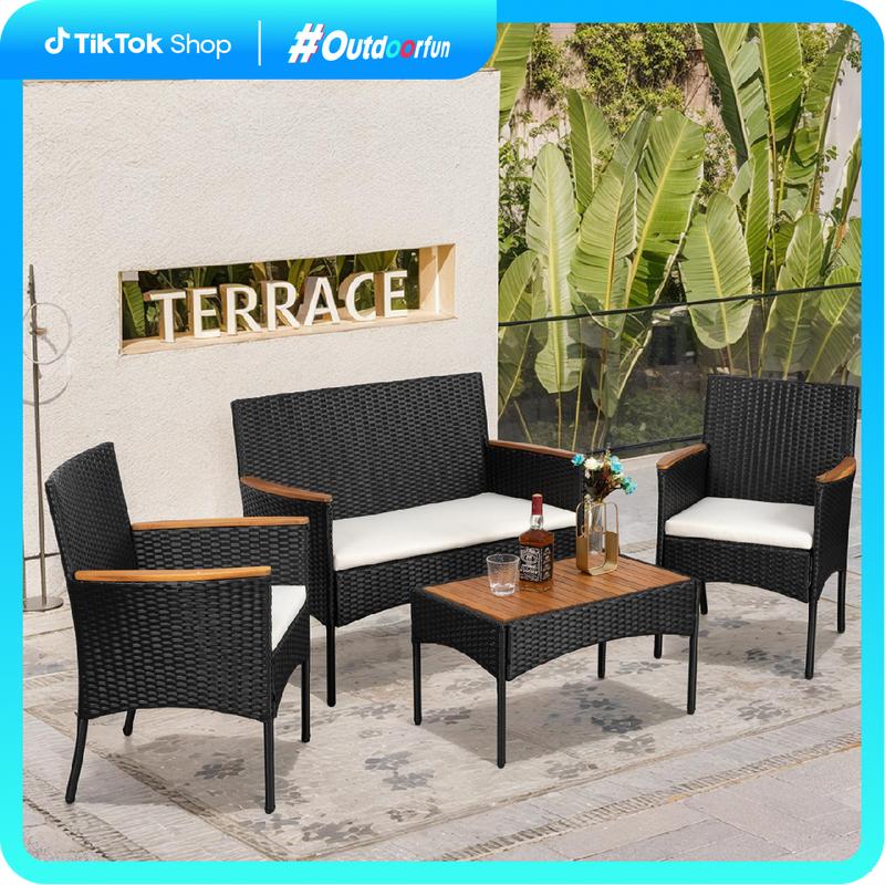 Walsunny 4-Piece Patio Furniture Set, Outdoor Wicker Patio Set with Cushions and Wooden Table for Lawn Backyard, White Rustic Dining Compact
