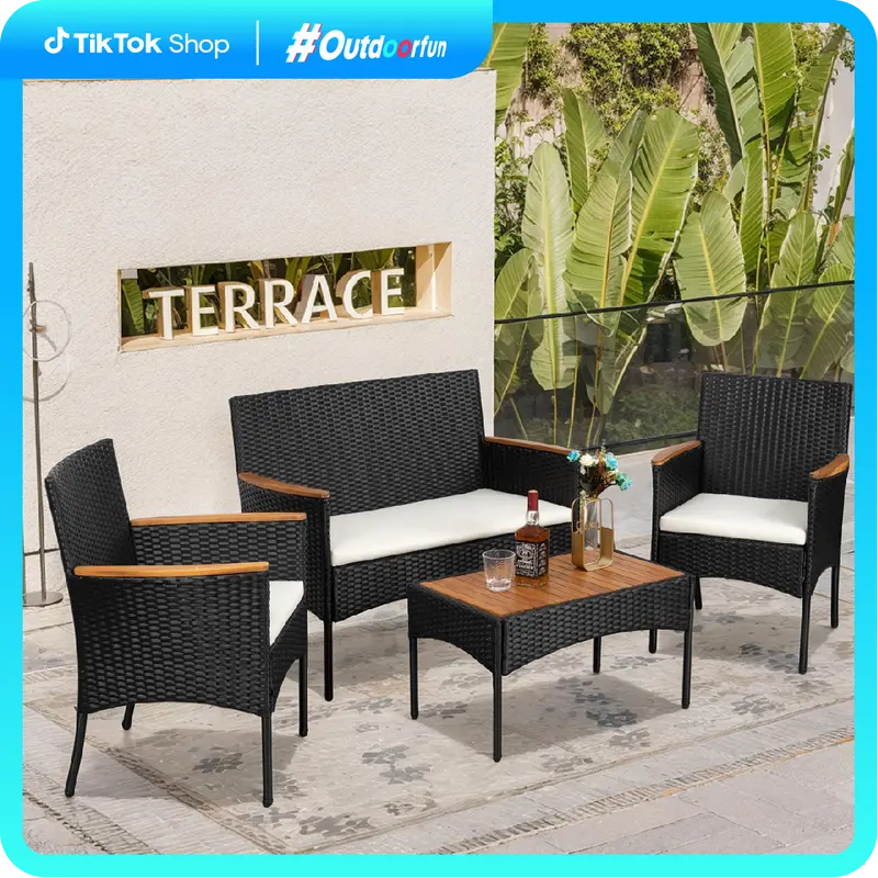 Walsunny 4-Piece Patio Furniture Set, Outdoor Wicker Patio Set with Cushions and Wooden Table for Lawn Backyard, White Rustic Dining Compact