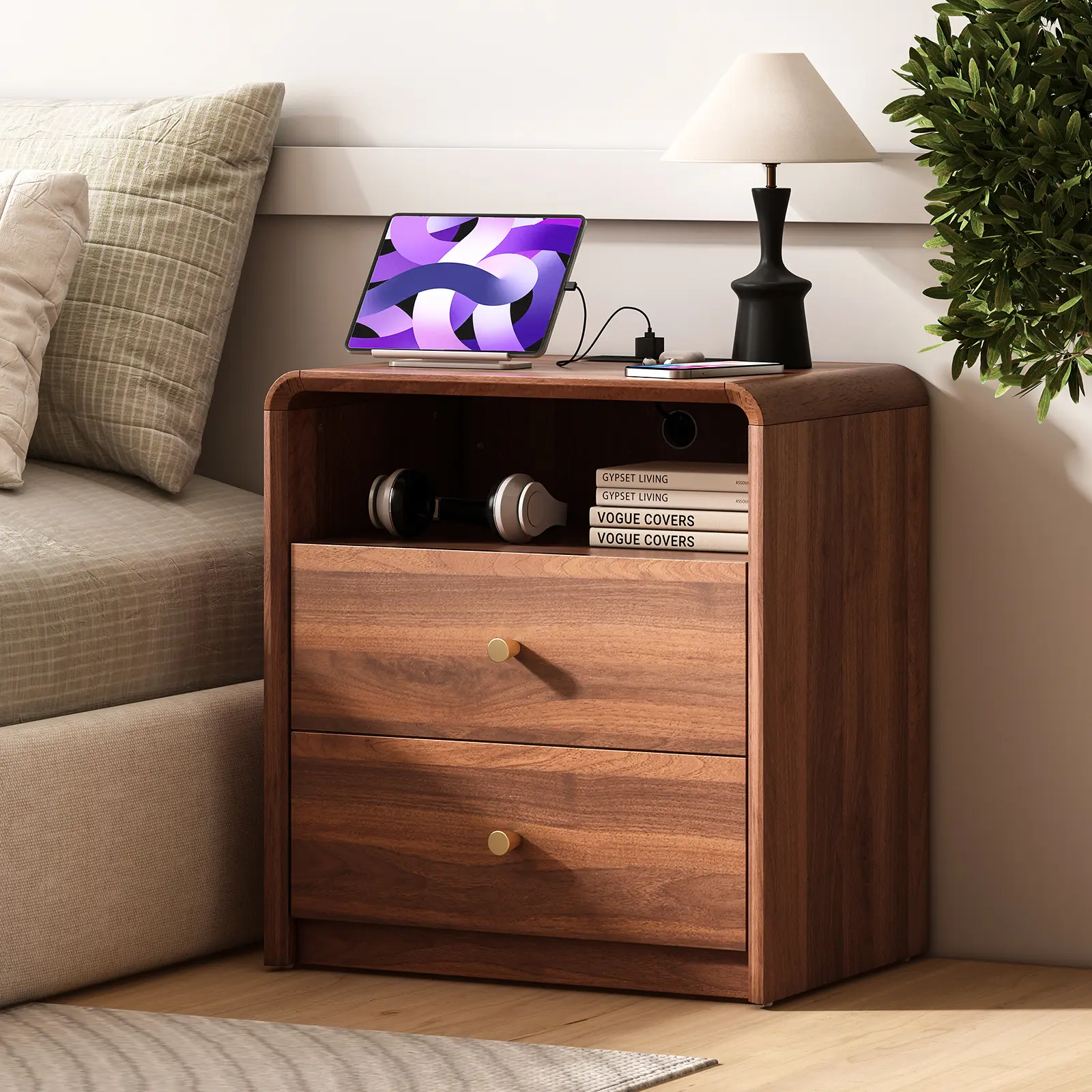 Walnut Nightstand with Lockable Drawer and Charging Station, Mid Century Modern Night Stand with Hidden Drawer and Combination Lock, Wooden Bedside Table with Drawers for Bedroom & Living Room
