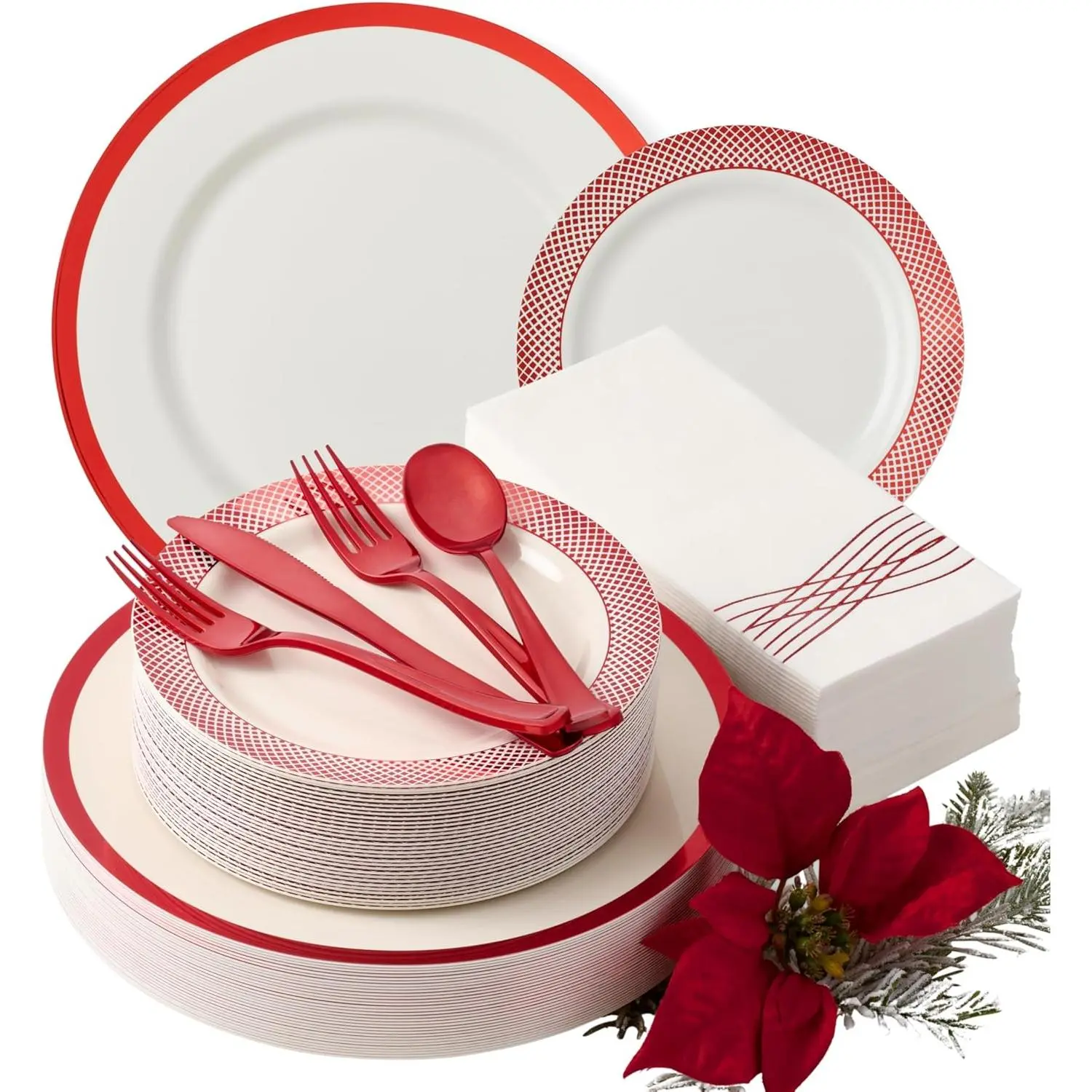 175-Piece Disposable Christmas Dinner Tableware Set (Serves 25) - White Plastic Plates with Red Trim, Cutlery, White & Gold Accents, Elegant for Weddings, Parties, Wedding