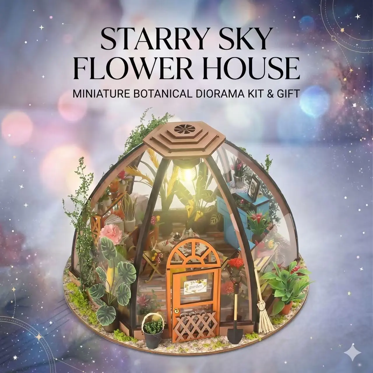 3D Wooden Miniature Flower Garden Diorama,DIY Transparent Dome Greenhouse Model with Lights,Adult Craft Kit Decor