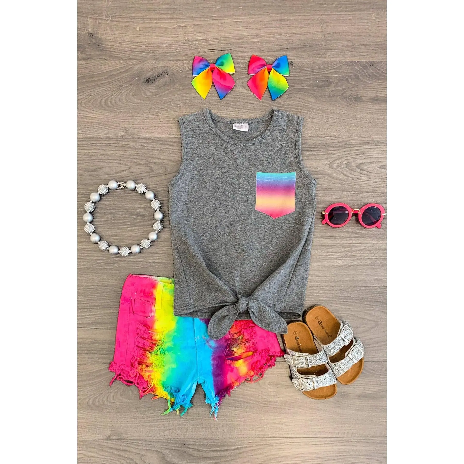 Gray & Rainbow Denim Short Set
