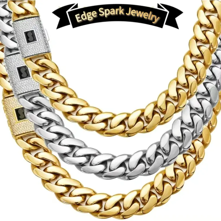 Men's Classic Monaco Style Necklace, 14mm Gold-Plated Stainless Steel Thick Link Chain, Casual Modern Accessory for Daily Wear