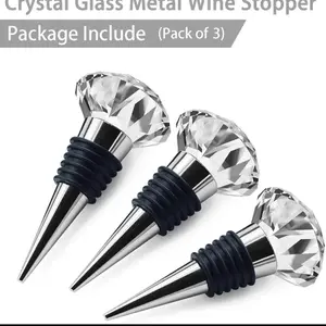 Faceted Crystal Wine Bottle Stopper Reusable Airtight Seal 3.5” Clear Pack of 3 Crystal Glass Metal Wine Stopper