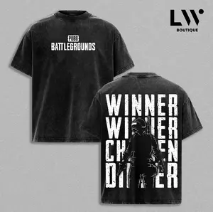 Vintage PUBG Battlegrounds Washed T-Shirt | "Winner Winner Chicken Dinner" Heavyweight Graphic Tee | Oversized Boxy Fit Gaming Merch Shirt