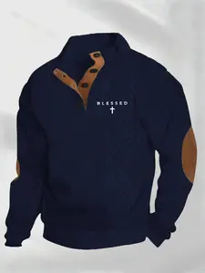 Men's Letter Print Long Sleeve Athletic Polo Shirt, Half Button Design, Casual Commute Wear, Fall & Winter Layering, Perfect Match Top