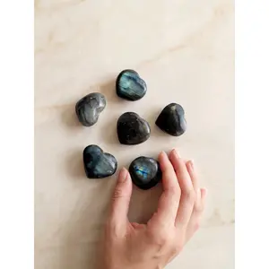 Natural Gemstone Pocket Amulet Hand Carved Purple Light Labradorite Crystal Heart