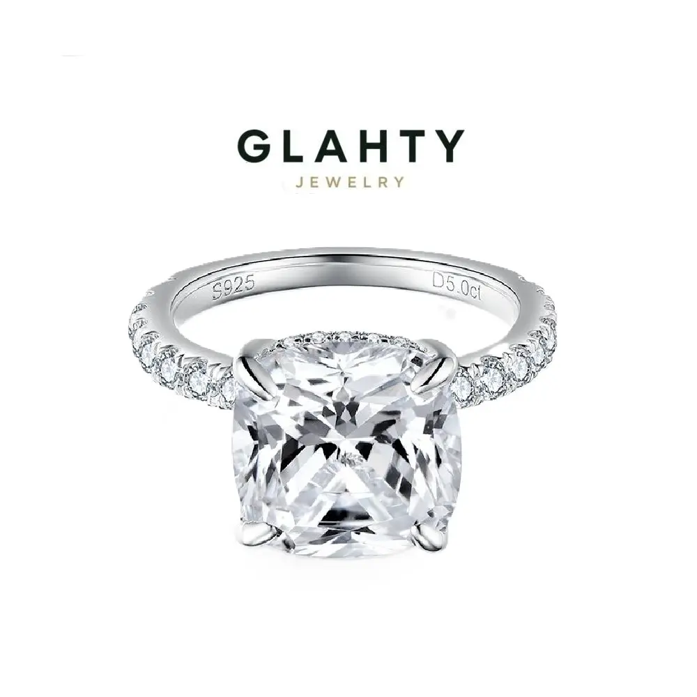 Glahty Jewelry 5 Carat Cushion-Cut Moissanite Ring for Women, Luxury Large Carat Engagement Ring, S925 Sterling Silver with 18K Gold Plating Moissanite Statement Ring