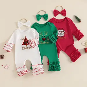 Newborn Girl Ruffle Christmas Jumpsuits Infant Baby Santa Romper Long Sleeve Reindeer Playsuit