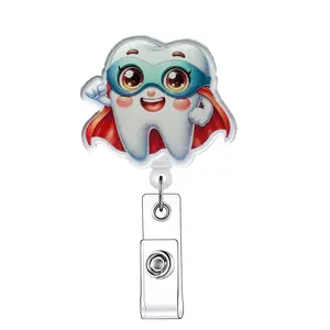 Cute Cartoon Tooth Design Badge Holder, Retractable Badge Reel, Acrylic ID Holder for Nurses, Doctors, Students & Office Staff