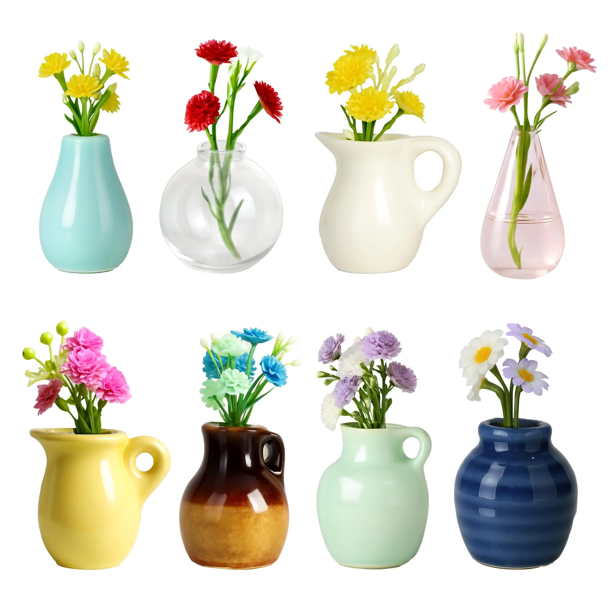 Mini Ceramic Vase Magnets for Fridge, Cute Tiny Plant Vase Fridge Magnets for Kitchen Refrigerator Office Locker Decoration, with Flowers (8 Pack) Decorative Gift