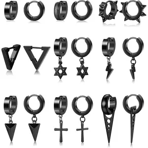 Drperfect 9 Pairs Stainless Steel Punk Hoop Earrings for Men Women 14MM Small Black Kpop Huggie Earrings Set Triangle Cross Hinged Dangle Earring Punk Earrings Set Daily