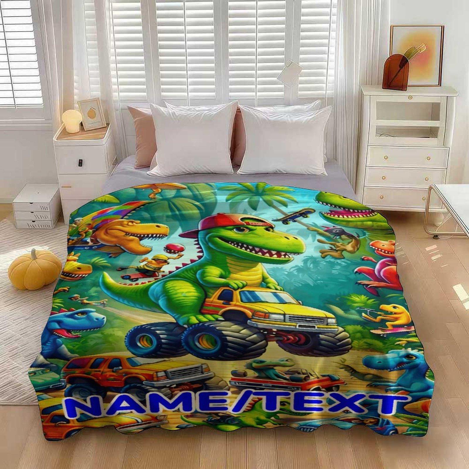 Custom Name Dinosaur & Car  Blanket ,Personalized Name Gift ,Suit for The Sofa, Bed, Travel, Camping, Living Room, Office, Chair，Gifts for Family or Child  ,Friend , Send your custom text via shop chat to personalize