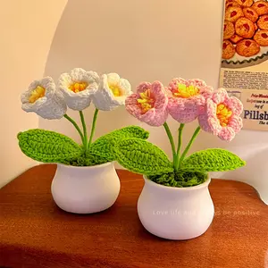 Sunflower Bell Orchids Tulips Hand Woven Woolen Yarn Artificial Bouquets Table Decoration Ornaments Non Fading Durable Birthday Gifts Girls Companion Gifts For Home Office Party