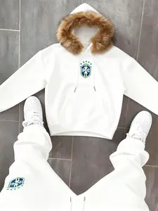 Men's Fleece-Lined Hoodie Set with Brazilian Print Pants, Heavyweight Street Style Long Sleeve Sweatshirt & Pant Two-Piece Set