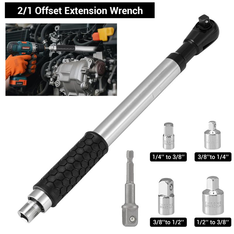Dazone 1/2" Offset Extension Wrench Impact for Electric Drill with 3/8" & 1/4" Adapters set, Impact Ratchet Extender for Tight Spaces