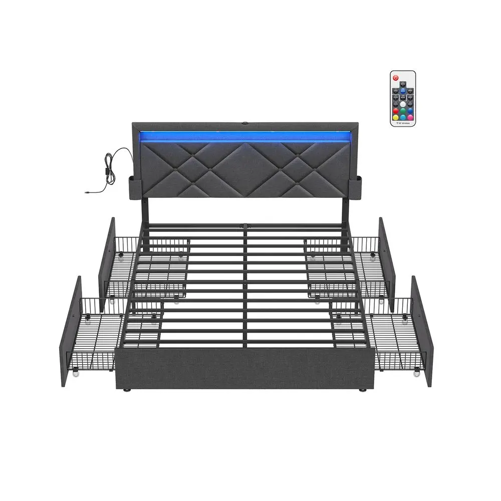 VASAGLE LED Bed Frame Queen Size, Queen Bed with Headboard and 4 Drawers, 1 USB Port and 1 Type C Port, Adjustable Upholstered Headboard 36.7/39.3 Inches, No Box Spring Needed