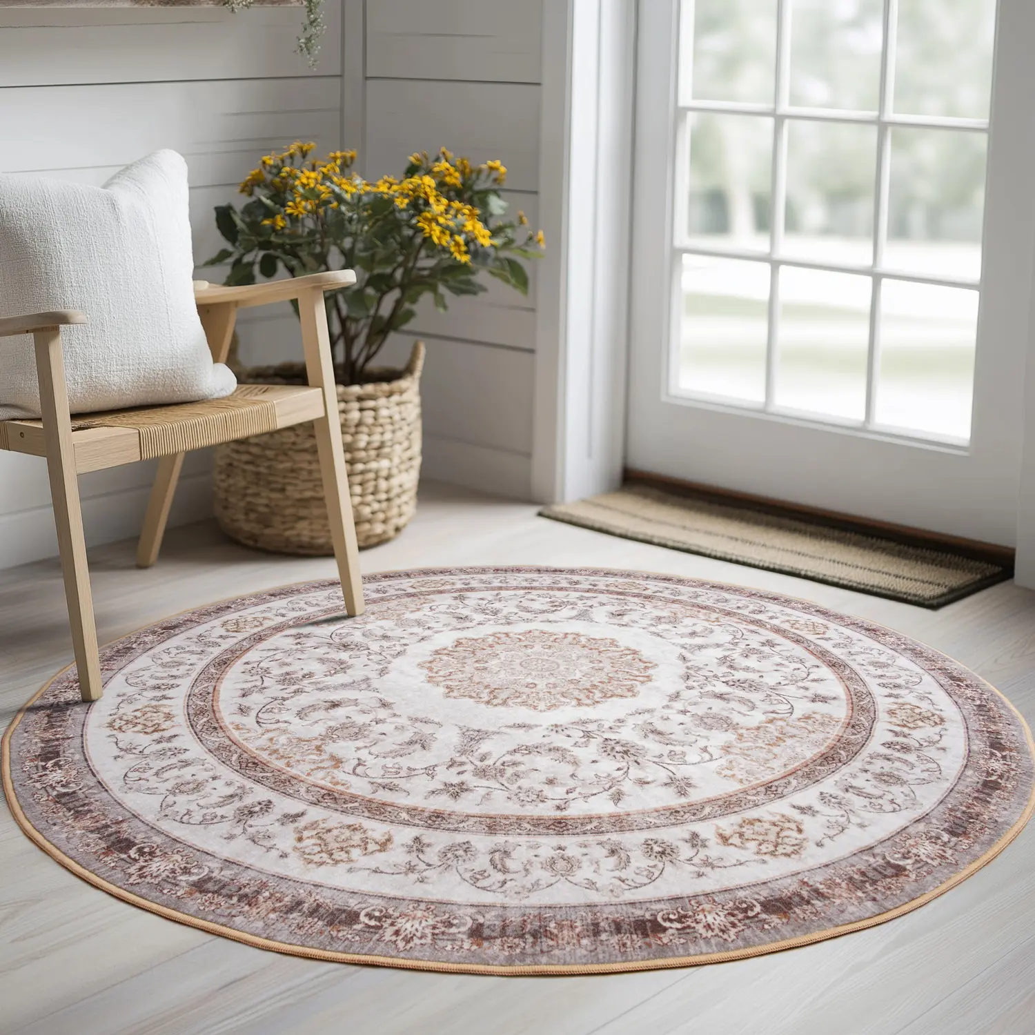 Boho Round Decorative Area Rug, Aesthetic Machine-Washable Vintage Non-Slip Circle Carpet - Must-Have for Living Room, Bedroom - Small