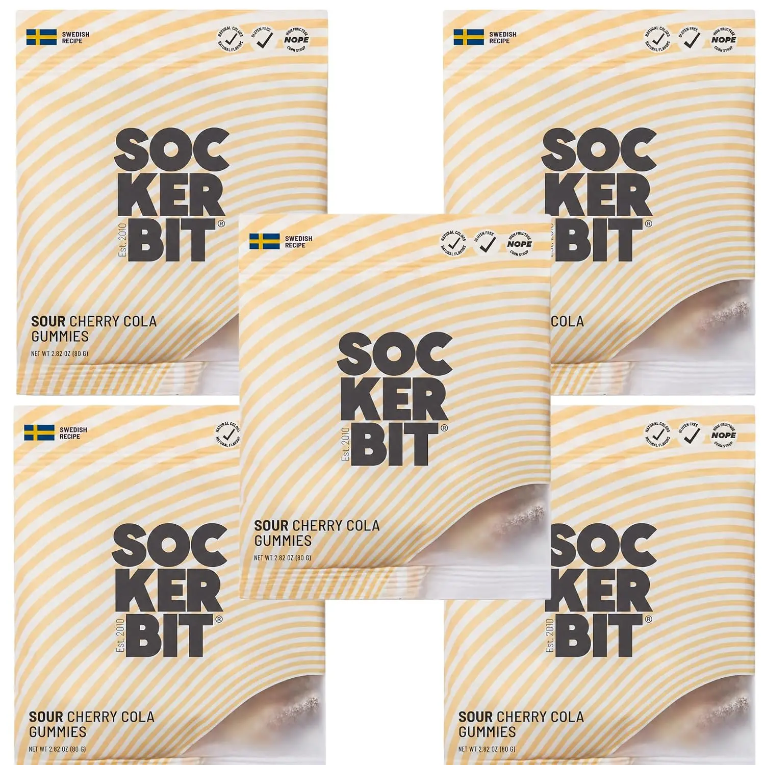 Sockerbit Swedish Candy Sour Cherry Cola Gummies, 5 Bags, Sweet & Sour Candy Bottle Shapes, Sugar-Coated Chewy Gummies, Gluten Free & Non GMO, 2.82oz Each Bag