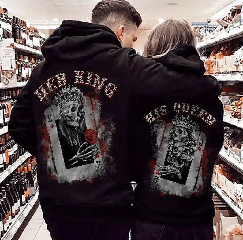 Women's King & Queen Couple Hoodie Set, Classic Stylish Long Sleeve Matching Poker Card Graphic Pullovers, Seamless Jet Soft Midweight Cotton Blend Fleece with Ribbed Cuffs, Stretch Fabric Yarn Anniversary Gift