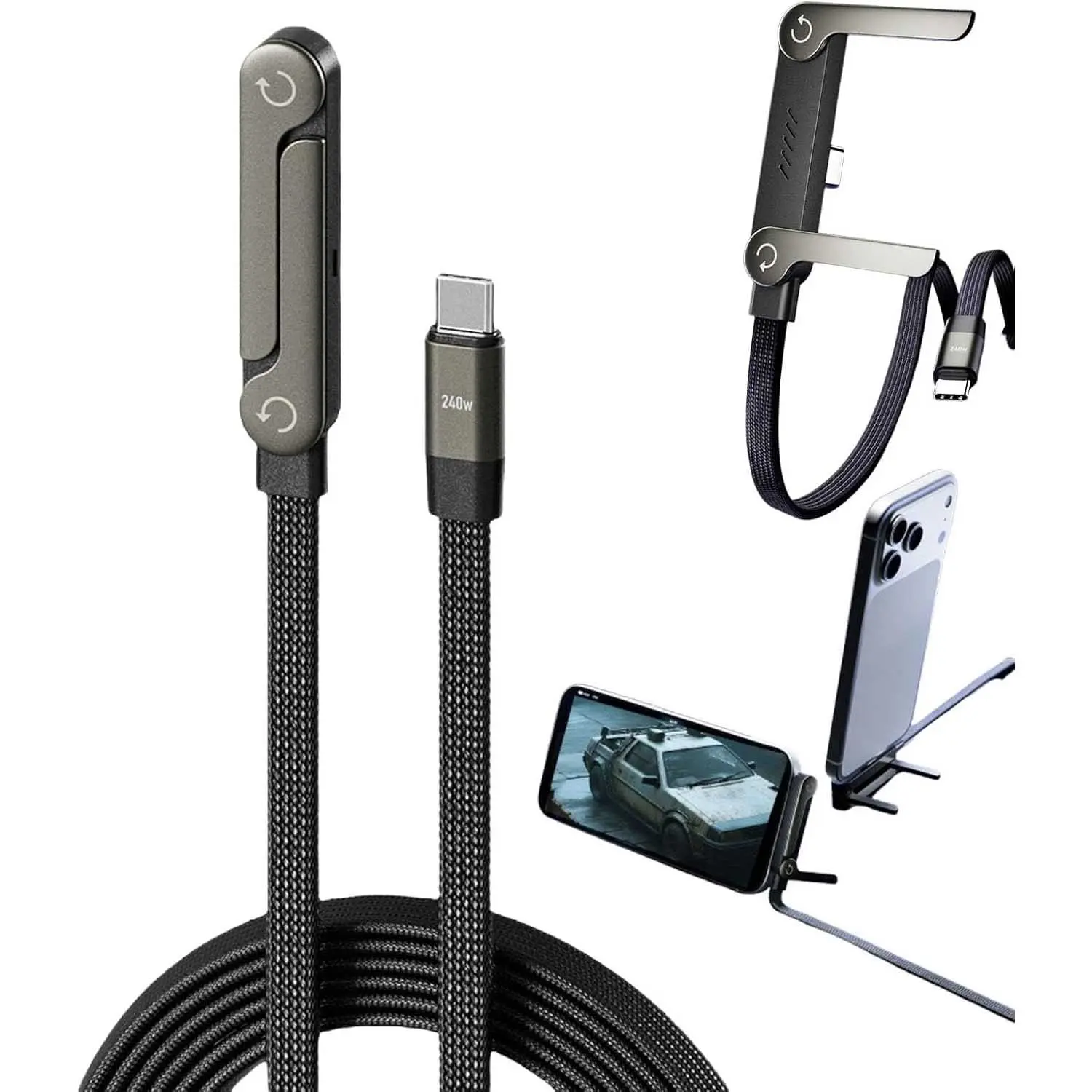 Sideways Phone Charger Cable, 2-in-1 Invisible Holder Charging Cable, 240W Fast-Charging Cord with Built-In Phone Stand, Type C Charging for Smartphones and Tablets