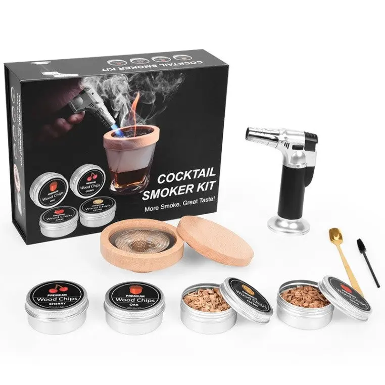 Cocktail Smoker Infuser Kit - Whiskey Old Fashioned Drink Kit with Kitchen Blow Torch, 4 Tins and Flavored Wood Chips
