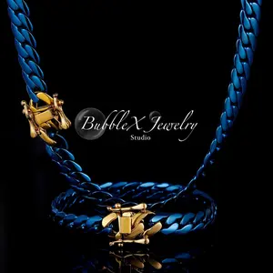 Bubble X Mens Blue Cuban Link 10MM Necklace Stainless Steel Miami Curb Blue Dragon Buckle Necklace Hip Hop Jewelry 16-24 Inches